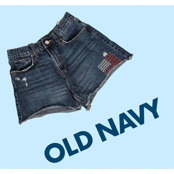 Old Navy Girls blue denim patriotic American Flag USA cut-off jean shorts sZ 16 - Picture 8 of 8